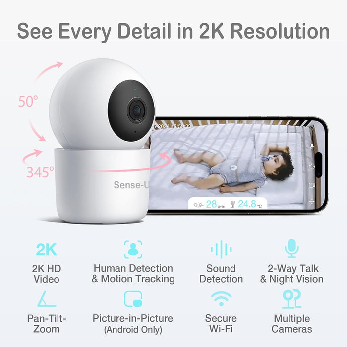 Sense-U Smart 2K Video Baby Monitor, Pan/Tilt, Person/Baby Crying/Motion Detection, 2-Way Talk, Night Vision, Background Audio, No Monthly Fee, (Compatible with Smart Baby Monitor)