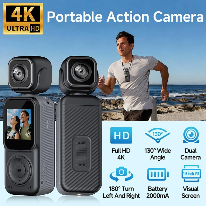 Thumb Action Camera, 4K Body Camera, Tiny Size, Handheld Action Camera Dual Lens HD 180 Degree Rotating, Small Body Camera with WiFi, Portable Vlogging, for Cycling Hiking Outdoor32GB Included