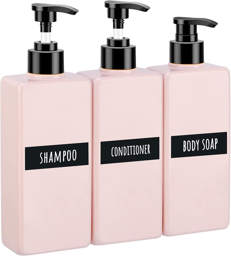 Segbeauty Shampoo and Conditioner Dispenser Refillable, 3pcs 16.9oz Shower Bottles Soap Dispenser with Labels, 500ml Empty Plastic Square Pump Bottle Dispenser Body Wash Containers for Bathroom Black - Pink-self-labeling 400ml