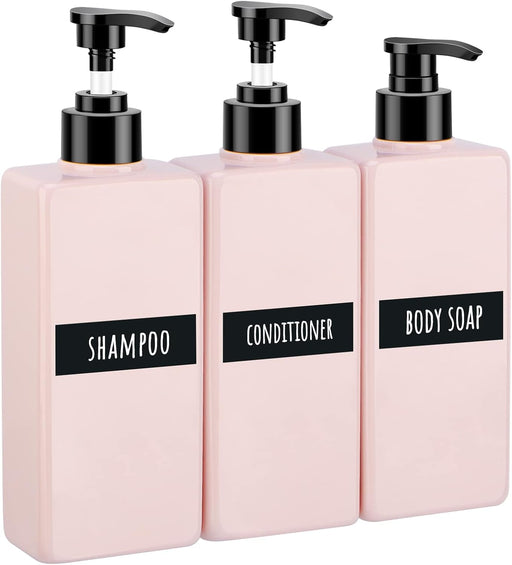 Segbeauty Shampoo and Conditioner Dispenser Refillable, 3pcs 16.9oz Shower Bottles Soap Dispenser with Labels, 500ml Empty Plastic Square Pump Bottle Dispenser Body Wash Containers for Bathroom Black - Pink-self-labeling 400ml
