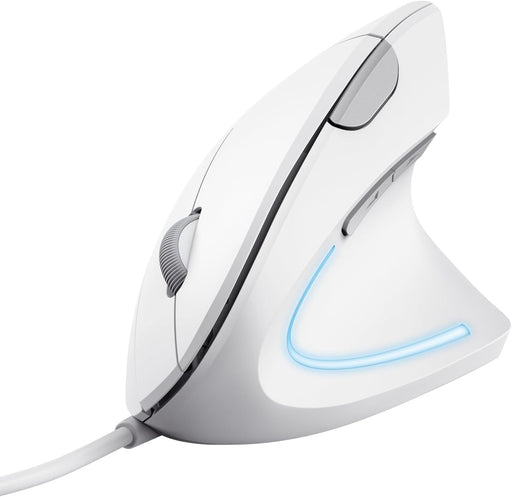 Trust Verto Wired Ergonomic Mouse, Vertical Mouse with LED Illumination, Reduces Arm Strain, 1000-1600 DPI, 6 Buttons, for Right Hand Users, 1.5m USB Cable, Computer Mouse for PC, Laptop. Mac - White - Single White