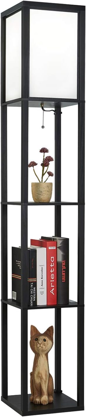 Floor Lamp with Shelves, Wooden Standing Light, Brown, 160 cm Tall 3-Tier Storage and Display Shelves, Linen Shade and E27 Socket for Living Room, Bedroom, Study, Office or Apartment Corners - Black