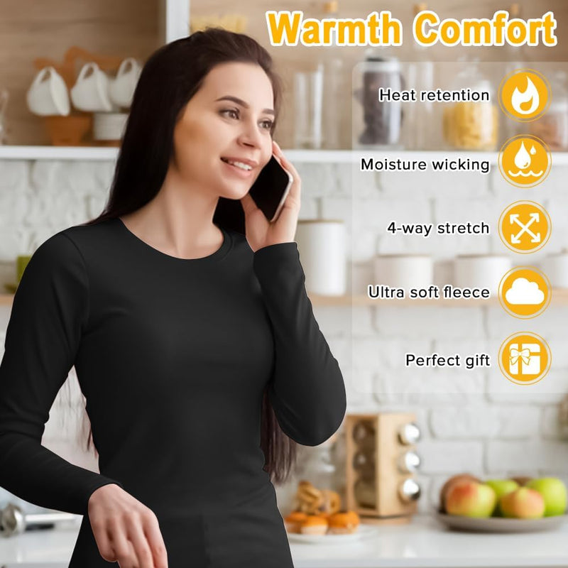 Women Thermal Underwear Set,Ladies' Tops and Pants,Thickened with Velvet,Round Neck Thermal Underwear,Soft and Skin Friendly,Suitable For Daily Wear and Outdoor Sports Matching