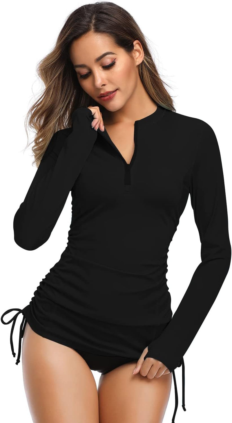 Women's Long Sleeve UV Sun Protection Rash Guard Side Adjustable Wetsuit Swimsuit Top - black