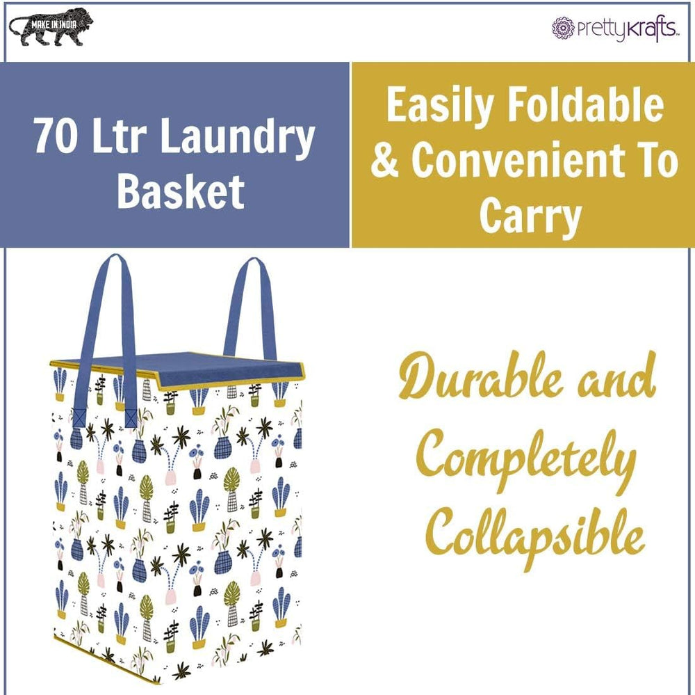 PrettyKrafts Fabric L1113 Laundry Basket For Clothes, Toy Storage Box With Lid & Handles, Toy Storage Box, 75 Ltr,Mushroom Print,White, Set of 1