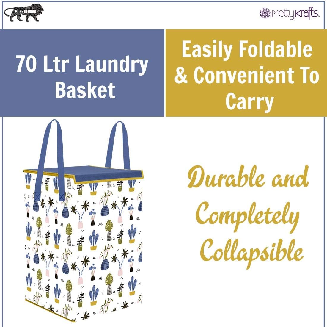PrettyKrafts Fabric L1113 Laundry Basket For Clothes, Toy Storage Box With Lid & Handles, Toy Storage Box, 75 Ltr,Mushroom Print,White, Set of 1 – image 5