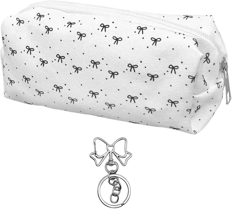 1 Piece of Bow Pencil Case and 1 Piece of Keychain, Printed Cosmetic Bag, Stationery Storage Bag, Cute Student Supplies, Small Carrying Bag.