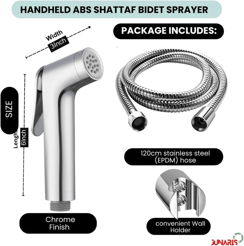 JUNARIS Handheld Bidet Sprayer Set for Toilet - شطاف تواليت Stainless Steel Shattaf with Premium Hose for Bathroom and Washroom | Chrome Shattaf Set Stainless Steel Hose (Classic)