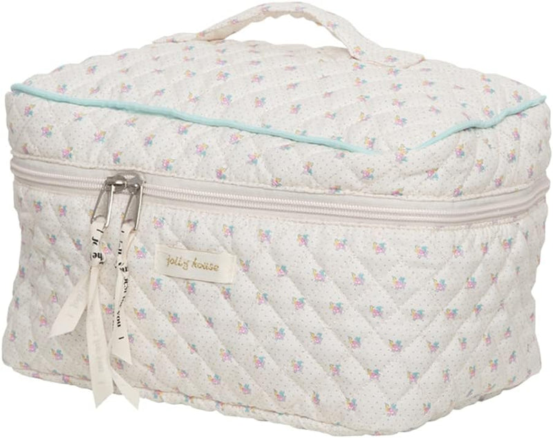 Cotton Makeup Bag Large Travel Cosmetic Bag Quilted Cosmetic Pouch Coquette Aesthetic Floral Toiletry Bag, B-Beige, 9.4x6.7x3.54in - White