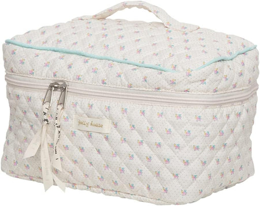 Cotton Makeup Bag Large Travel Cosmetic Bag Quilted Cosmetic Pouch Coquette Aesthetic Floral Toiletry Bag, B-Beige, 9.4x6.7x3.54in - White