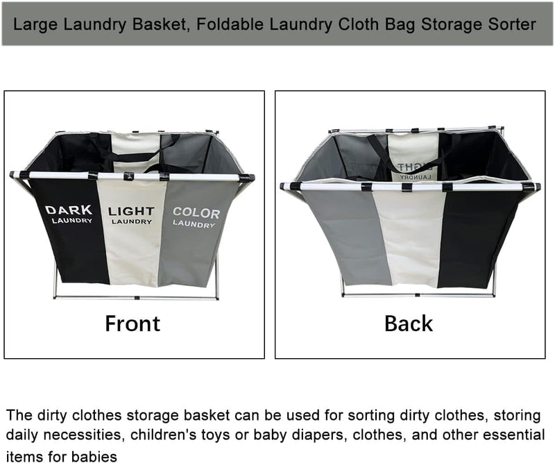 SKY-TOUCH Laundry Basket,135L Laundry Hamper,3-Section Laundry Hamper Portable Dirty Clothes Bag Sorter with Handle,Large Capacity Fabric Washing Storage Baskets for Bathroom Bedroom Home, 1pcs