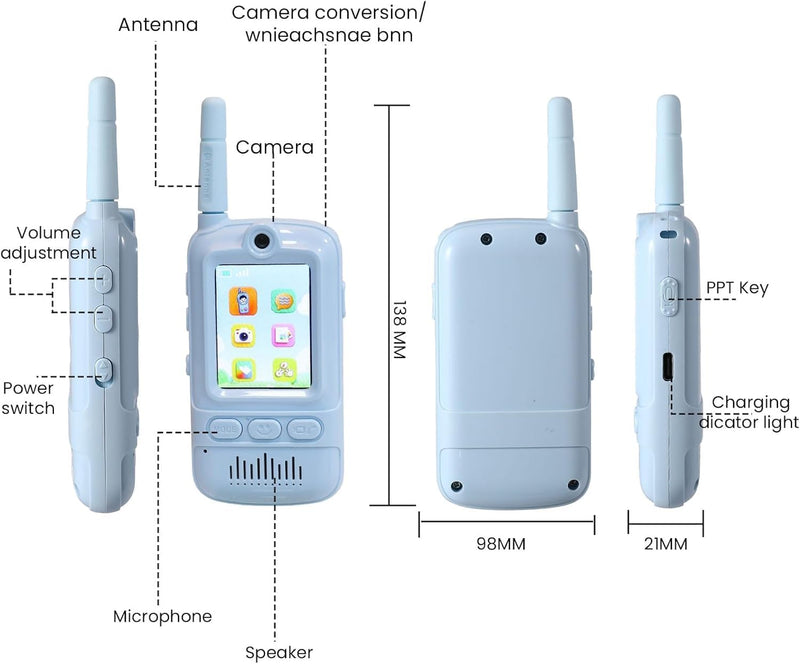 Kids Video Walkie Talkies Toys with Rotating Antenna, 2.0-Inch Screen & 500m Range, Dual-Camera Video Chat Without Wi-Fi, USB-C Rechargeable with Lanyard, Interactive Gift (Blue/Pink)