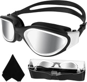 Winline Swimming Goggles Polarized Lenses Anti Fog Anti UV Waterproof Clear Vision Easy Adjust Soft Bridge for Men Women Adults Teens - PC-All Black/Non-polarized Silver Mirrored Lens