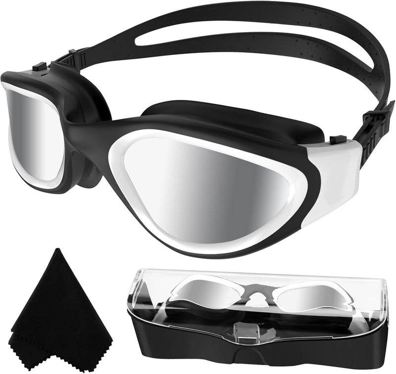 Winline Swimming Goggles Polarized Lenses Anti Fog Anti UV Waterproof Clear Vision Easy Adjust Soft Bridge for Men Women Adults Teens - PC-All Black/Non-polarized Silver Mirrored Lens