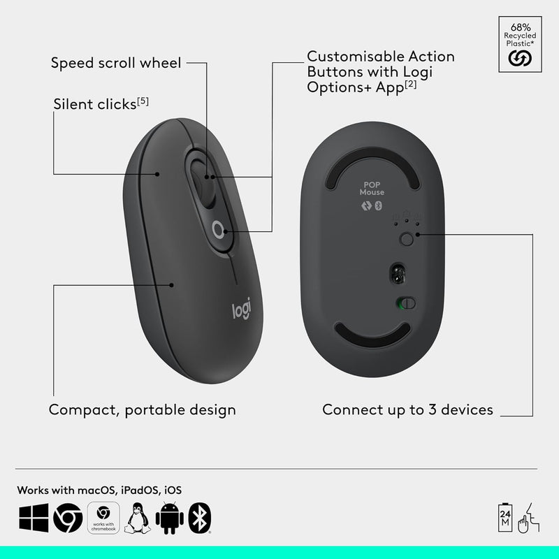 Logitech POP ICON COMBO, Bluetooth keyboard and mouse combo, comfortable typing, programmable keys and buttons, quiet clicks, Easy-Switch up to 3 devices - Graphite