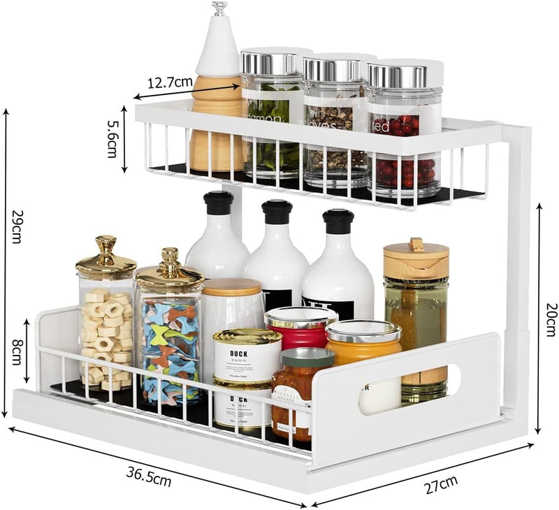 2 Tier Kitchen Storage Shelves, Under Sink Organizers and Storage, Pull Out Drawers Sliding Shelf Bathroom Countertop Organizer Rack L-Shaped