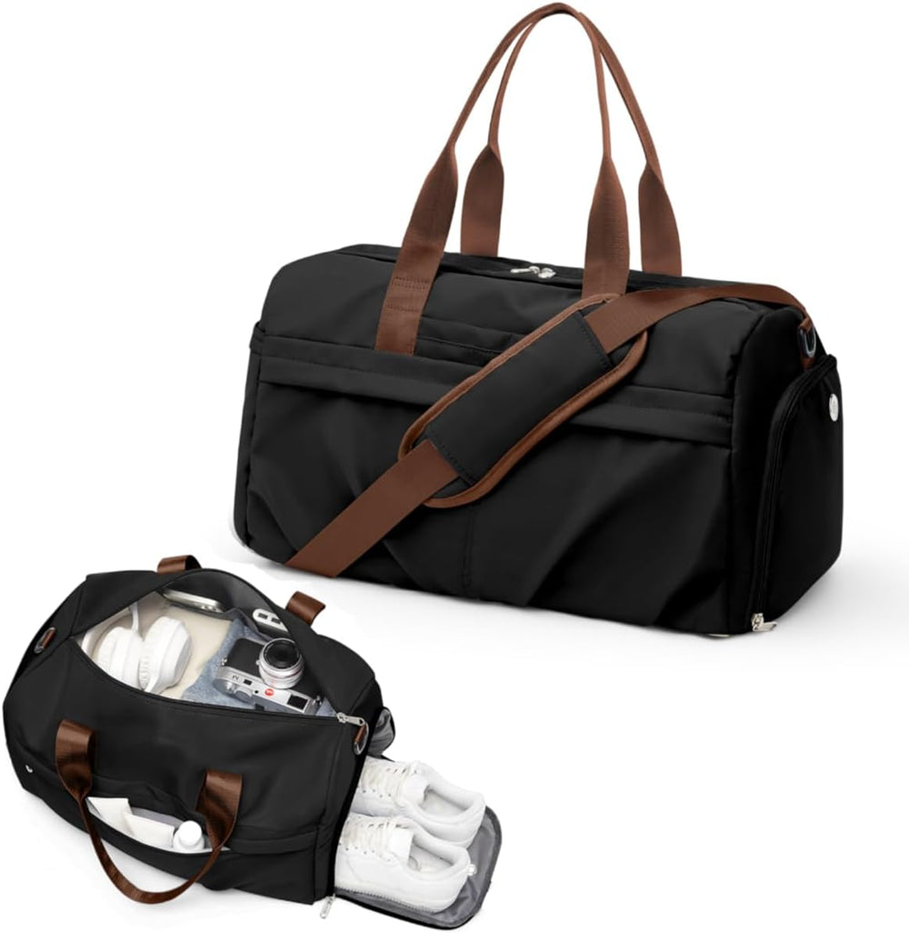 Gym Bag for Women Men with Shoe Compartment, Sport Duffel Bag, Waterproof Travel Weekender Overnight Carry on Bag for Yoga with Trolley Sleeve, Black, A-Black, Shoe Compartment