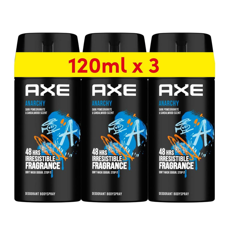 Axe Mini Men Deodorant Body Spray, Anarchy, 48 hours of irresistible fragrance, 120ml x 3