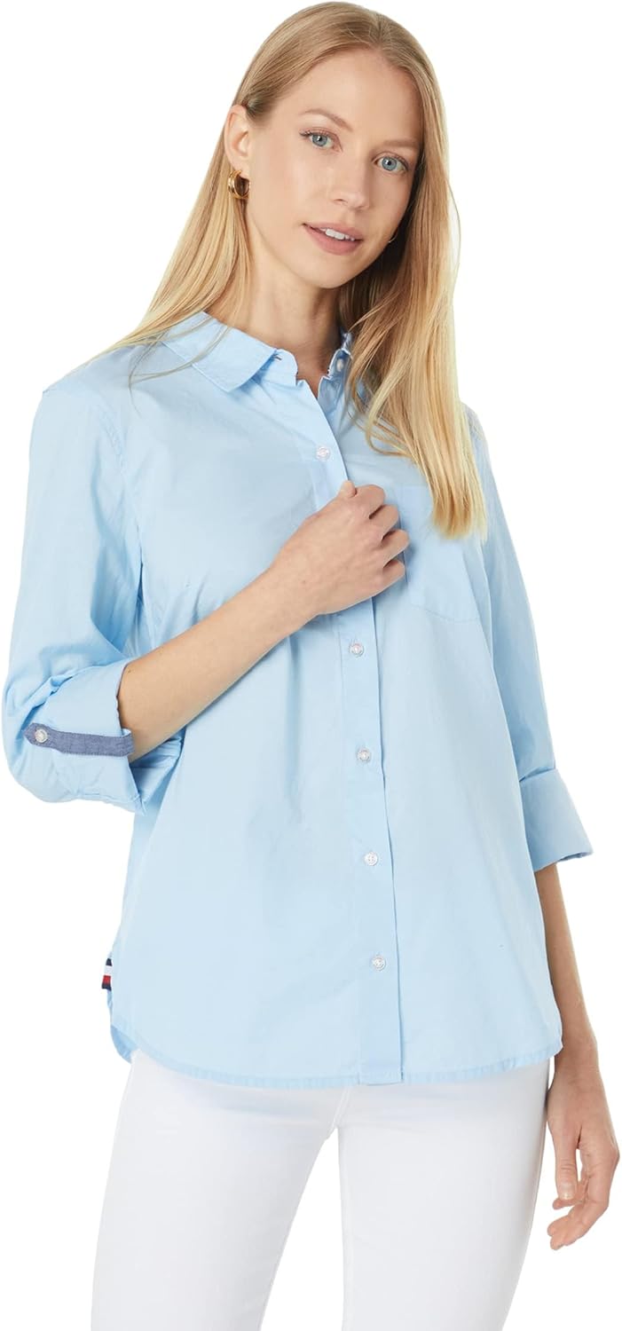 Women's Solid Button Collared Shirt with Adjustable Sleeves