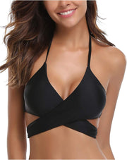Womens Bathing Suits Push Up Halter Bandage Bikini Floral Printing Swim Bottoms Two Piece Swimsuits - Black