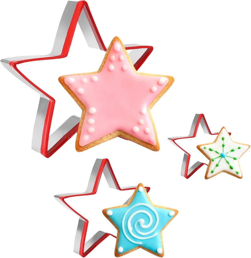 3-Piece Star Cookie Cutter Set - Stainless Steel Holiday Baking Tools with Red Silicone Grip for Christmas Cookies & Crafts