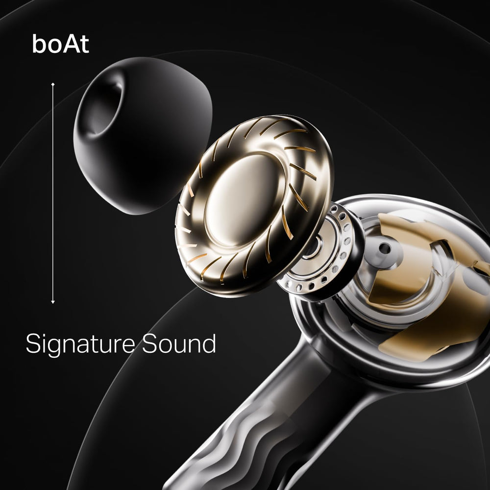 boAt New Launch Nirvana Crystl, Transparent Case,Spatial Audio, ANC(32dB), 100Hrs Battery,4Mics ENx, Dual Pair,App Support, Bluetooth Earbuds, TWS Ear Buds Wireless Earphones with mic (Quantum Black)