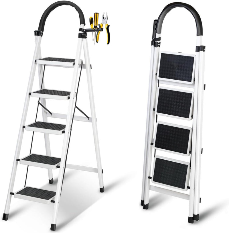 Foldable Ladder 3 Steps, Home Ladder Folding Step Stool with Wide Anti-Slip Pedal, 112 x 68 x 42.5 CM - White 5 Steps new