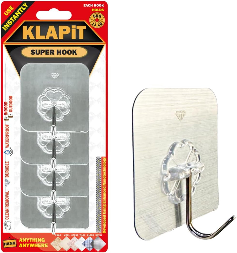 KLAPiT Super Hook Heavy Duty Adhesive, Holds 11 Pounds or 5Kg Weight, Waterproof and Damage Free for Wall, Tile, Wood, Stone, Glass, Metal, Made of Steel (Clear, 4 pc) - 4 pc Silver