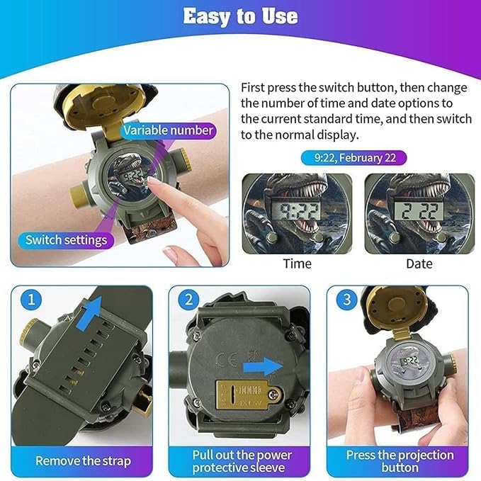 Watch with 24 Kinds of Dinosaur Projection Pattern Cartoon Children Digital Dinosaur Watch Toy for Boys and Girls Children Toy Watches