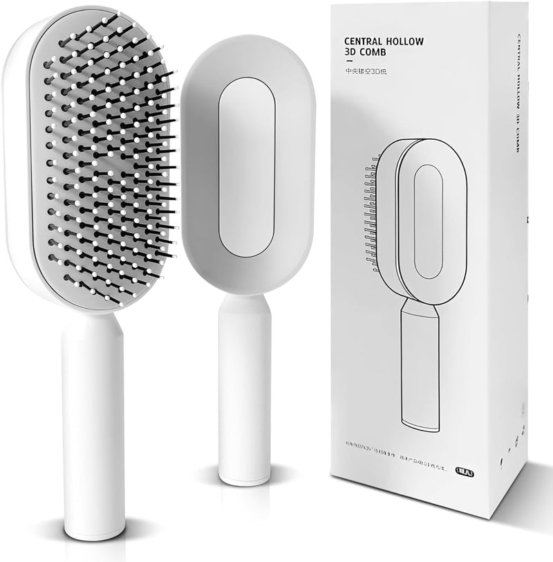Mariyabâ„¢ Self Cleaning Hair Brush-New 3D Air Cushion Brush for Detangling-Scalp Massager-Hair Brush with Nylon Bristles for All Hair-Easy Clean Hair Brush for Women & Men (White)