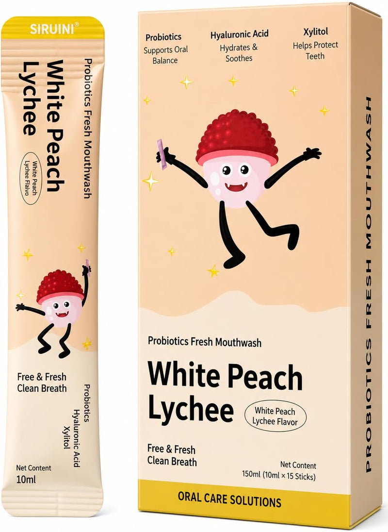 Flavored Travel Mouthwash Packets with Probiotics Portable Disposable Breath Freshener Individual Single-Use Sachets for Fresh Breath 15 pcs (Sea Salt Lemon) - White Peach Lychee