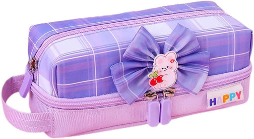 HASTHIP Pencil Case Large Capacity Canvas Pencil Pouch with Bowknot, Double Zipper, Multi-Layer Compartments, Gusset Design, Cute Pink Pen Bag for Girls/Women, Stationery Storage, Cosmetic Organizer