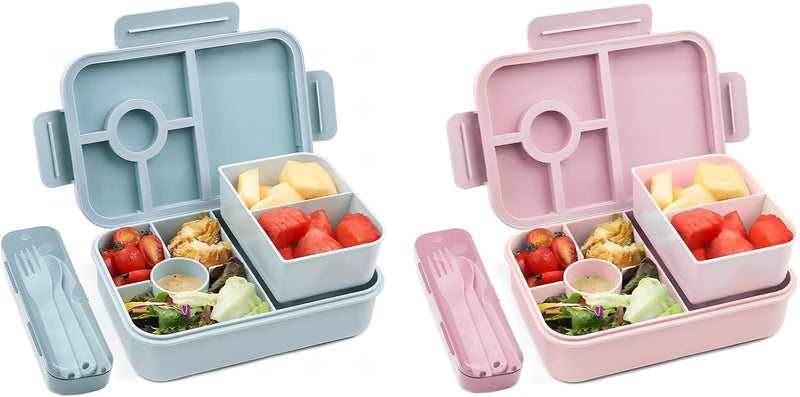 Children's Bento Box, 1300 ml, Leak-Proof Lunch Box with 5 Compartments, Bento Box for Children and Adults, Lunch Box, Breakfast Box for Girls and Boys, BPA-Free (Pink) - 2Set-Blue Pink