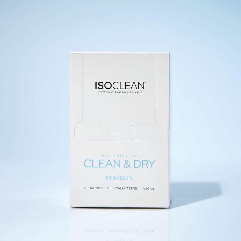 ISOCLEAN Face Towel - Box of 60 Make Up Remover Wipes, Disposable Towels Made with Soft Organic Cotton, Gentle On Sensitive Skin, Ideal for Facial Cleansing and Removing Cosmetic Residue