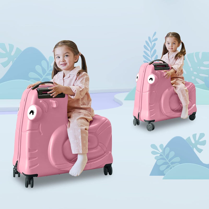 Kids Ride-On Luggage with Spinner Wheels - 20" Carry-On Trolley Suitcase with Password Lock,Help Your Child Relax Anti-Rollover Design & Safety Belt for Travel (Pink)