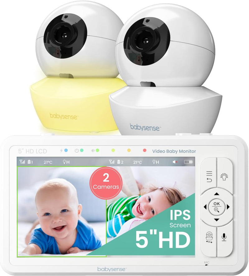 Babysense 5" HD Split-Screen Baby Monitor, Video Baby Monitor with 2 Cameras and Audio, Night Light, 960ft Range, Two-Way Audio, 4X Zoom, Night Vision, 4000mAh Battery