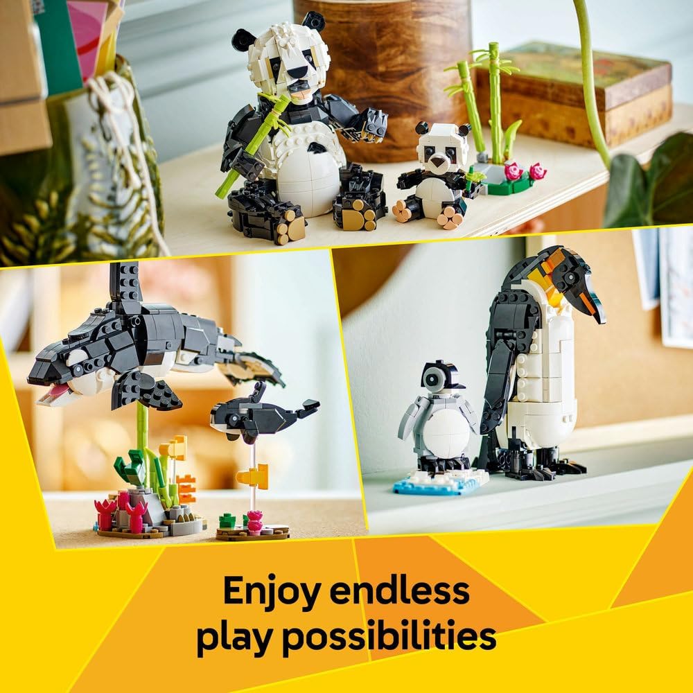 Creator 3in1 Wild Animals: Panda Family 31165 Panda Family Transforms into Penguins or Orca, Animal Toys, Gift for 8+ Year Old Boys & Girls, 626 Pieces