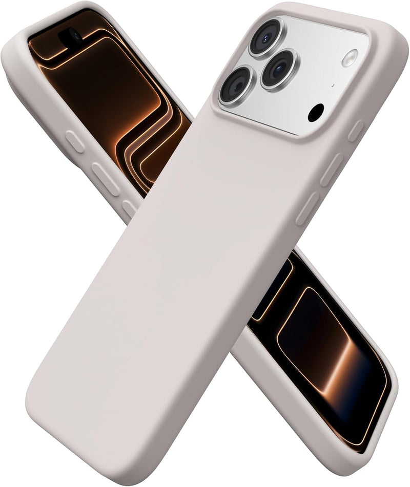 ORNARTO Compatible with iPhone 17 Pro Max Case 6.9", Slim Liquid Silicone 3 Layers Soft Gel Rubber Shockproof Protective Cover with Anti-Scratch Microfiber Lining-Chalk Pink - Stone Grey