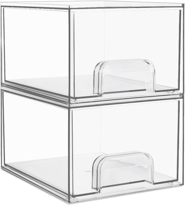 4 Pack Small Clear Stackable Storage Drawers,Acrylic Bathroom Makeup Organizer,Plastic Storage Bins For Vanity, Undersink, Kitchen Cabinets, Pantry, Home Organization - 2*Middle