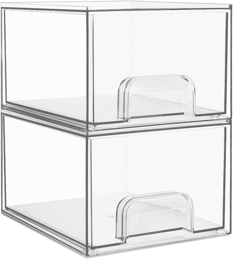 4 Pack Small Clear Stackable Storage Drawers,Acrylic Bathroom Makeup Organizer,Plastic Storage Bins For Vanity, Undersink, Kitchen Cabinets, Pantry, Home Organization - 2*Middle