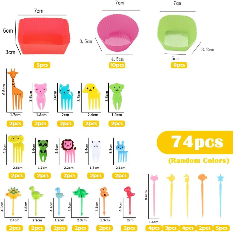 74 Pcs silicone meal box divider set, silicone cupcake mold, reusable lunch bento box accessories with animal-shaped food forks