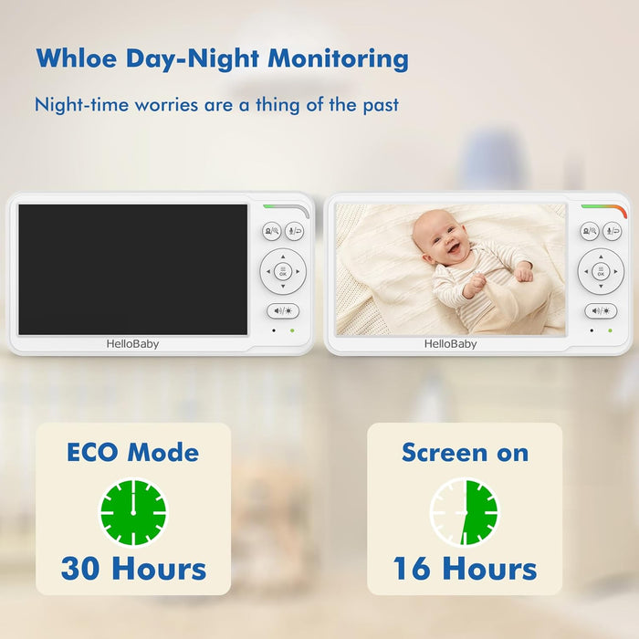 HelloBaby - Baby Monitor with Camera and Audio, 6" IPS Screen, Baby Camera Monitor, No WiFi, 30 Hours Battery, ECO, 2-Way Talk, Night Vision, 1000 ft,