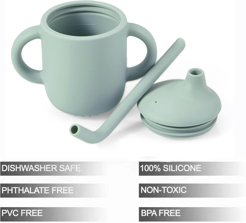 PandaEar 2 Pack 100% Tiny Silicone Drinking Training Cup with Handles & Straw for Baby and Toddler (White Blue)