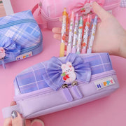 HASTHIP Pencil Case Large Capacity Canvas Pencil Pouch with Bowknot, Double Zipper, Multi-Layer Compartments, Gusset Design, Cute Pink Pen Bag for Girls/Women, Stationery Storage, Cosmetic Organizer