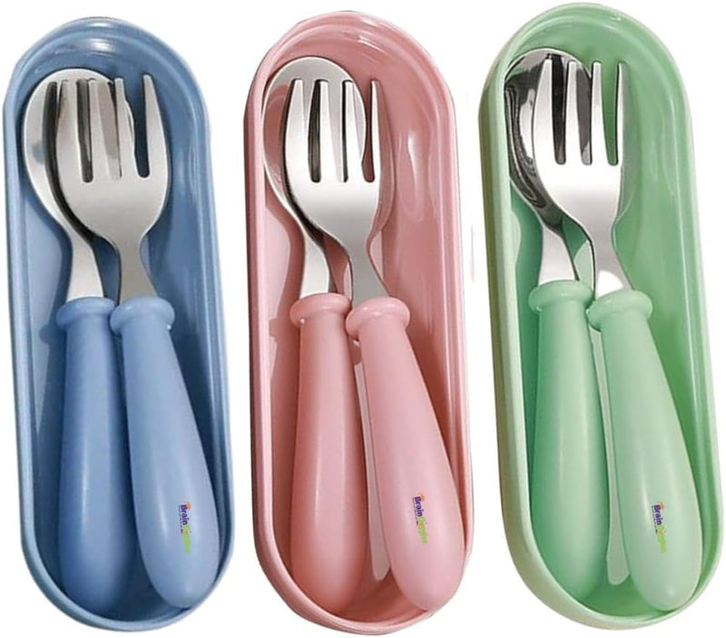 Kids Cutlery Set with Case, Stainless Steel Spoon & Fork for Children, Round Edge BPA Free Tableware for School Lunch Box, Picnic, Travel (Pack of 1, Blue) - Blue Pink Green 3