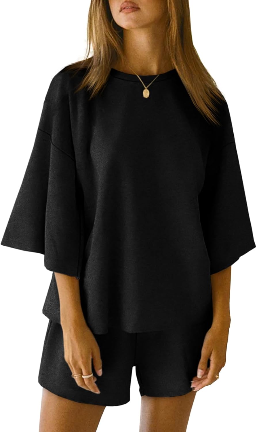 Womens Pajama Sets 3/4 Sleeve Oversized Tops and Elastic Waist Shorts Lounge Sets Loungewear