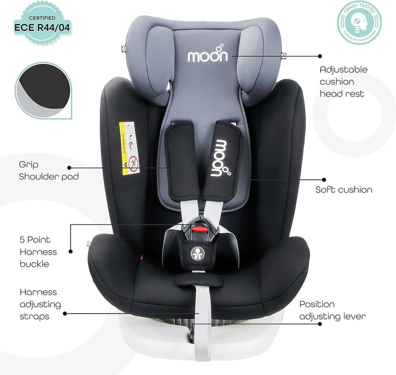 The Moon Brand Gyro Car Seat 360 Rotating Booster Seat for Kids/Infants/Toddlers Baby Travel Gear -Group 0+/1/2/3- Rear & Forward Convertible w/ Isofix 0M to 12Yr (Up to 36kg) Black - Black Kids Car seat