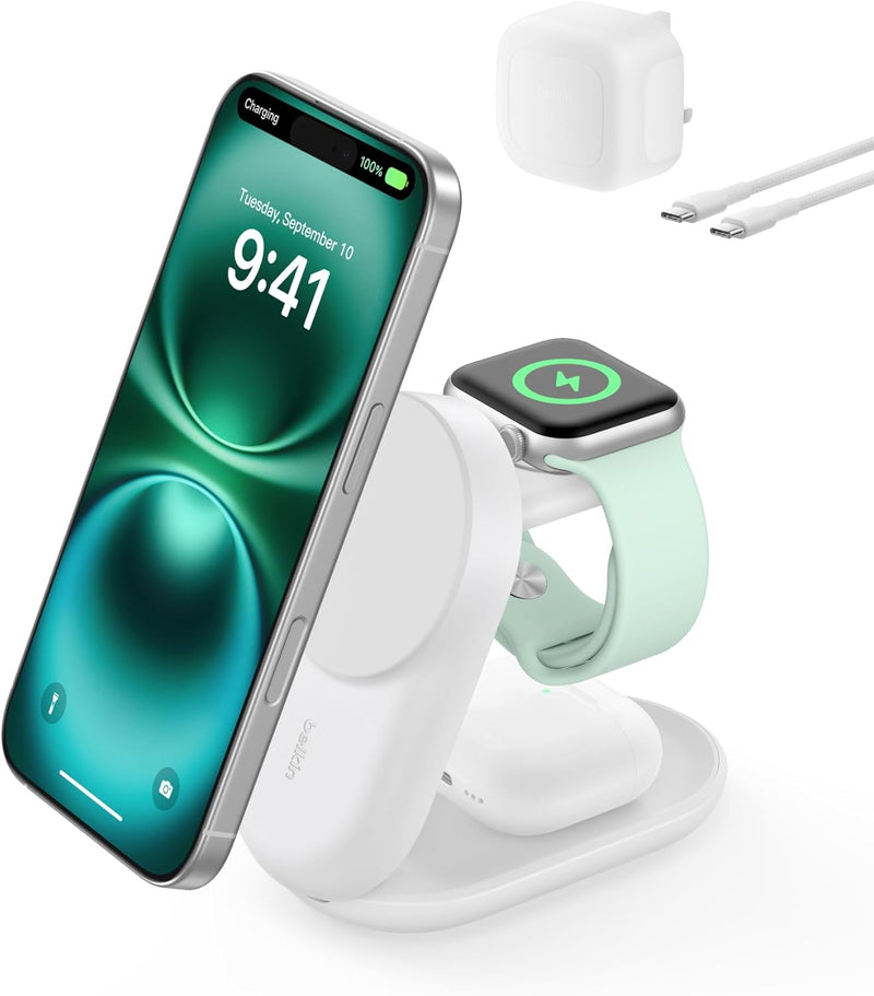 Belkin UltraCharge Magnetic Wireless Charger 25W, 3-in-1 Qi2 Certified MagSafe Compatible Fast Charger, Charging Station for iPhone 16, Apple Watch, AirPods, Pixelsnap with 45W Adapter - White - White