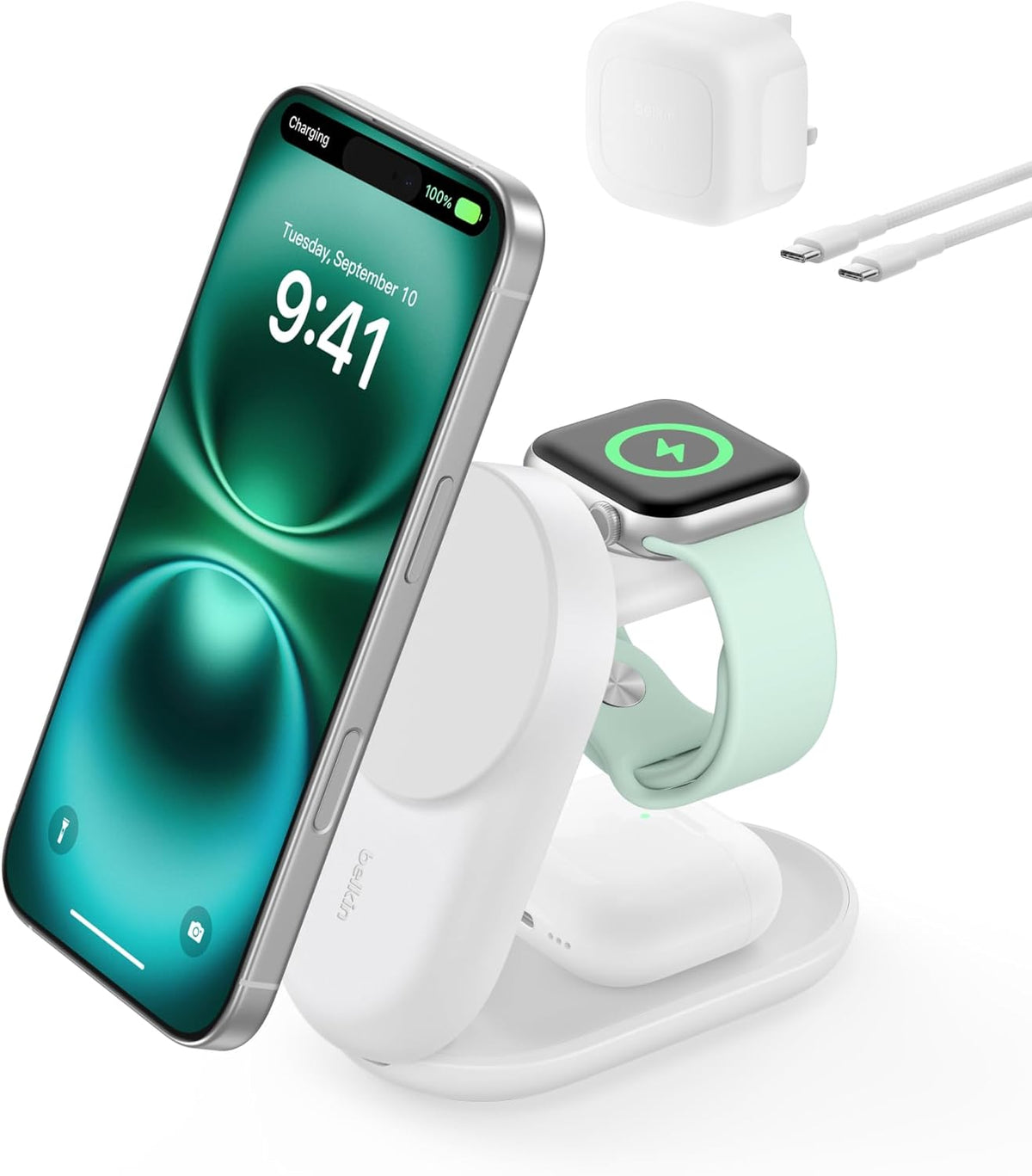 Belkin UltraCharge Magnetic Wireless Charger 25W, 3-in-1 Qi2 Certified MagSafe Compatible Fast Charger, Charging Station for iPhone 16, Apple Watch, AirPods, Pixelsnap with 45W Adapter - Black – image 1