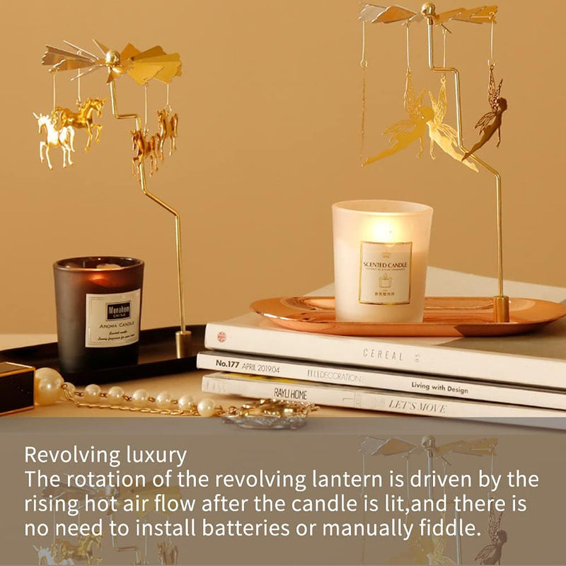 Creahaus Rotating Candle Holder with Tray, Gold Candle Spining Metal Holder for Christmas, Valentine's Day, Party Table Decor, Gift (Gold Carousel)